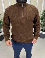 Мъжки кафяв пуловер с цип яка-Топъл и стилен - Image 3